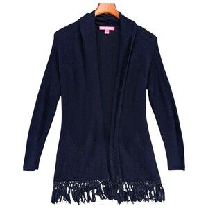 Lilly Pulitzer Tatum Cardigan Womens Navy Open Front Mid Length Tassels Size M
